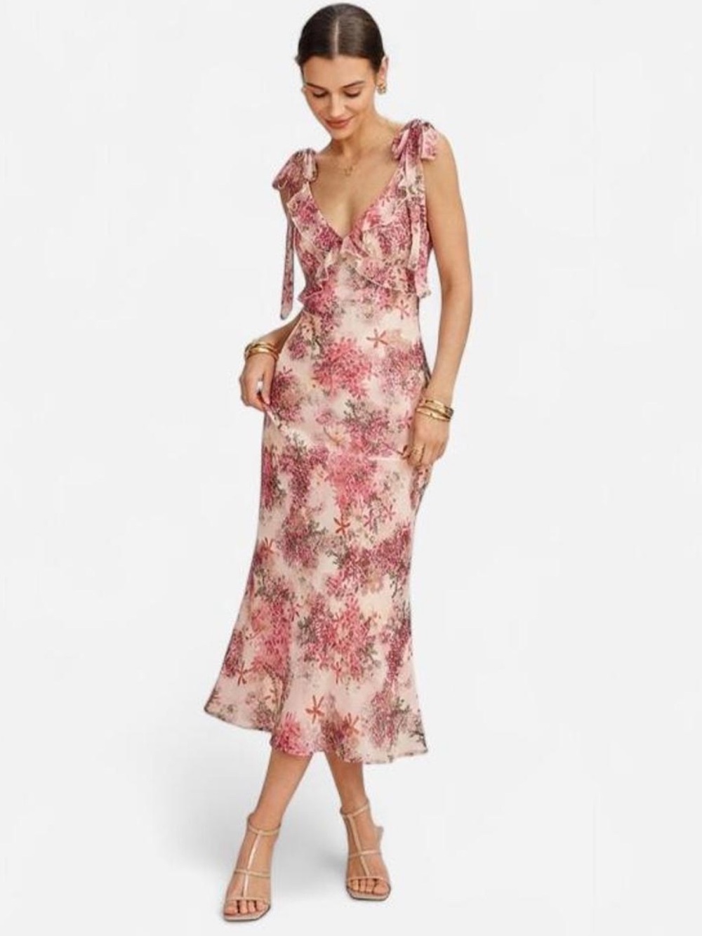 RIHOAS Pink Floral Tie-Shoulder Midi Dress